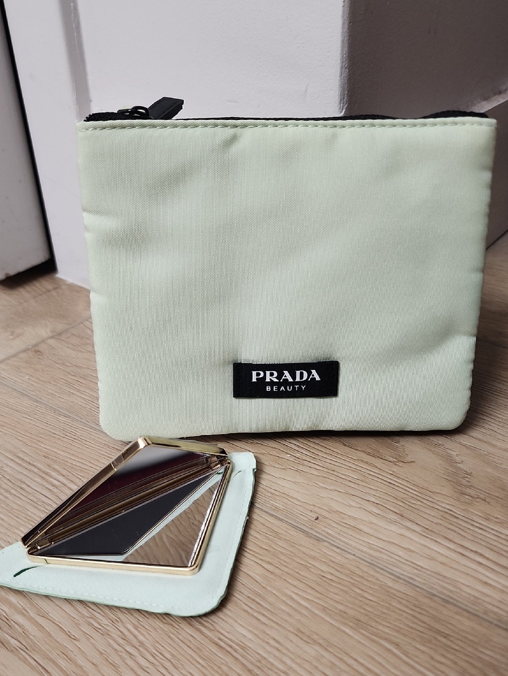 Prada Light Green Black Small Double Pouch Bag + Double Triangle Pocket Mirror